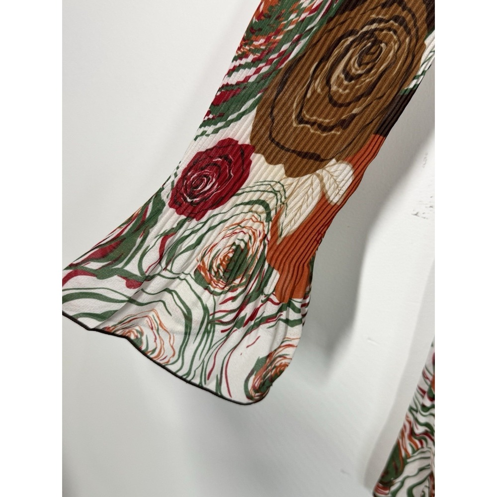 Nicola Accordion Pleated Y2K Brown Abstract Floral Tunic Top Size M Bell Sleeves - Picture 5 of 9